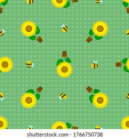 Seamless pattern with funny sunflowers in pots with bees. Decorative smiling plants. Vector illustration in cartoon style. For the design of books, covers, fabrics, children's textiles, wrapping paper
