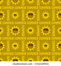 Seamless pattern with funny sunflowers in sunglasses. Decorative smiling plants. Vector illustration in cartoon style. For the design of books, covers, fabrics, children's textiles, wrapping paper.
