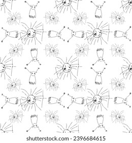 Seamless pattern with funny suns and dancing ghosts. Hand drawn vector illustration.
