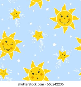 seamless pattern with funny suns and stars on a blue sky background