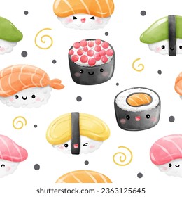 Seamless pattern funny sushi Japanese food Printable for fabric Book Cafe Wrapping paper Watercolor style