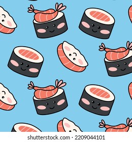 Seamless pattern with funny sushi in kawaii style. Vector illustration . Cartoon style. Print with sushi characters.