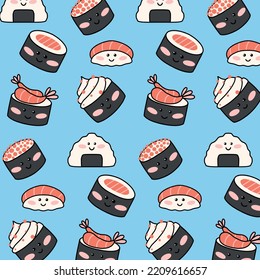 Patrón sin foco con sushi divertido al estilo kawaii. Ilustración del vector. Estilo de caricatura. Imprimir con caracteres sushi.