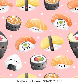 Seamless pattern funny sushi on pink Japanese food Printable for fabric Book Cafe Wrapping paper Watercolor style