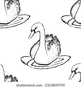 Nahtlose Muster mit lustigen Schwanenvögeln. Flache Vektorgrafik mit Cartoon-Vogelsilhouette. Rutsche Zeichen. Design für Einladung, Poster, Karte, Textilien, Stoff.