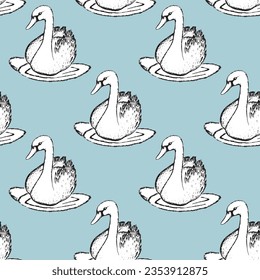 Seamless pattern with funny swan birds. Flat vector illustration with cartoon bird silhouette. Cute characters. Design for invitation, poster, card, textile, fabric.