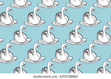 Patrón sin foco con divertidos pájaros cisne. Ilustración vectorial plana con silueta de pájaro caricaturizado. Caracteres de corte. Diseño para invitación, afiche, tarjeta, textil, tela.