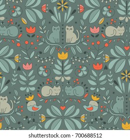 Seamless pattern with funny Swedish folk cartoon cats, birds and flowers. Tile background for your design, fabric textile, wallpaper or wrapping paper. Ethnic animals and plants.
