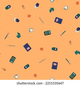 Seamless Pattern with Funny teenage stuff. Gaming, school supplies, goodies and snacks.