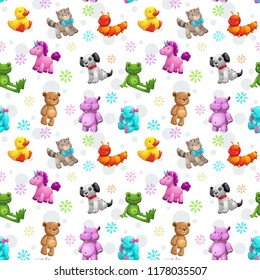 Seamless pattern with funny textile stuffed toys. Vector cute childish texture.