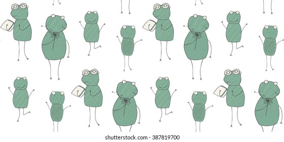Seamless pattern with funny texturing green frogs. Cartoon frog collection. Funny background for kids can be used to decorate gifts, children's rooms, holidays, invitations. Horizontal card