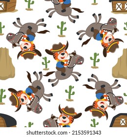 Seamless pattern of funny tiger the cowboy riding a brown horse in the desert, T-Shirt Design for children. Vector childish background for fabric textile, nursery wallpaper, and other decoration.