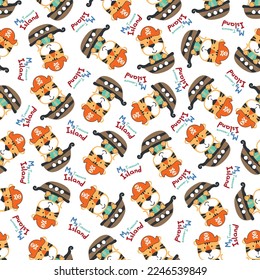 Seamless pattern of funny tiger pirate with treasure chest, Can be used for t-shirt print, Creative vector childish background for fabric textile, nursery wallpaper and other decoration.