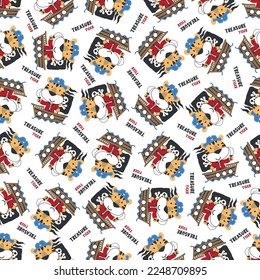 Seamless pattern of funny tiger pirate with treasure chest, Can be used for t-shirt print, Creative vector childish background for fabric textile, nursery wallpaper and other decoration.