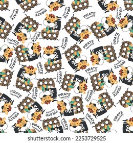 Seamless pattern of funny tiger pirate, Can be used for t-shirt print, Creative vector childish background for fabric textile, nursery wallpaper and other decoration.