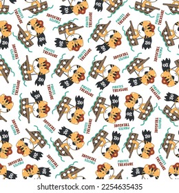 Seamless pattern of funny tiger pirate, Can be used for t-shirt print, Creative vector childish background for fabric textile, nursery wallpaper and other decoration.