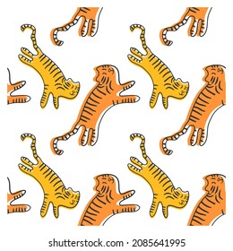 Seamless pattern of funny tiger. Repeating texture. Figure for textiles. Surface design.