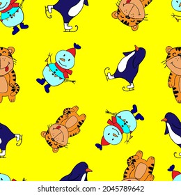 seamless pattern of funny tiger, snowman and penguin sketch style on a yellowy background