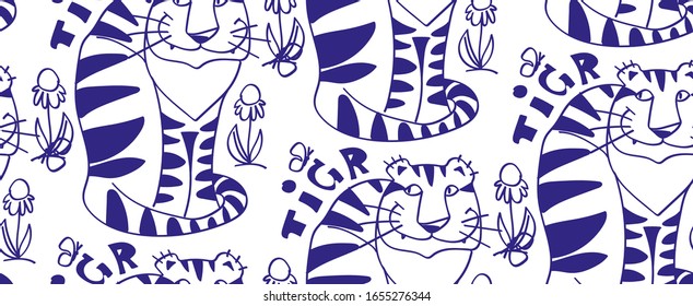 seamless pattern with funny tigers, freehand lettering tiger, smile, funny predator, white background, primitive drawing, stripes, butterfly, stylized animals