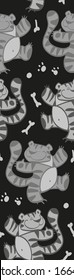 seamless pattern with funny tigers, smiling face, freehand drawing, isolated images, cute predators, stripes, mustache, paws, tail, big cats, bright colors, african animals, primitive