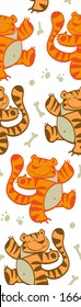 seamless pattern with funny tigers, smiling face, freehand drawing, isolated images, cute predators, stripes, mustache, paws, tail, big cats, bright colors, african animals, primitive