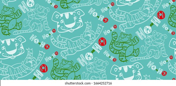 seamless pattern with funny tigers, text ho ho, smile, freehand drawing, isolated images, cute predators, stripes, mustache, paws, tail, big cats, bright colors, african animals