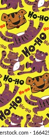 seamless pattern with funny tigers, text ho ho, smile, freehand drawing, isolated images, cute predators, stripes, mustache, paws, tail, big cats, bright colors, african animals