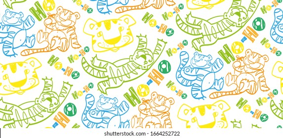 seamless pattern with funny tigers, text ho ho, smile, freehand drawing, isolated images, cute predators, stripes, mustache, paws, tail, big cats, bright colors, african animals