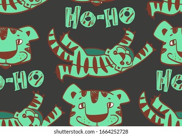 seamless pattern with funny tigers, text ho ho, smile, freehand drawing, isolated images, cute predators, stripes, mustache, paws, tail, big cats, bright colors, african animals