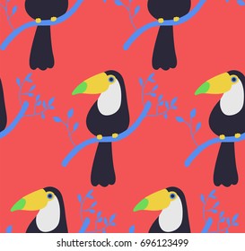 Seamless pattern with funny toucan sitting on the branch. Kids background