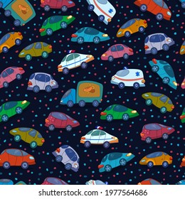 Seamless pattern of funny, toy cars. Multicolored cars in cartoon style on a dark blue background. The print for children includes a police car, an ambulance, a truck. Vector.