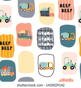 Seamless pattern with funny transport. Trendy kids print. Vector hand drawn illustration.