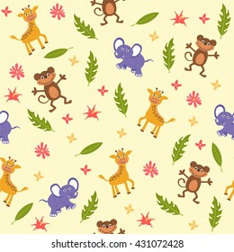 Seamless pattern with funny tropical animals and bright flowers. Cute monkey, giraffe and elephant. For wallpapers, backgrounds, surface textures.