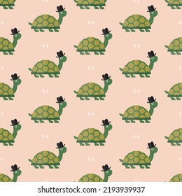 seamless pattern funny turtle with hat animal on pink background vector wallpaper textile giftwrap