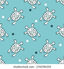 Seamless pattern of funny turtle on a blue background. Polka dots and Doodle reptiles. Hand-drawn background for fabric, textiles, paper, Wallpaper