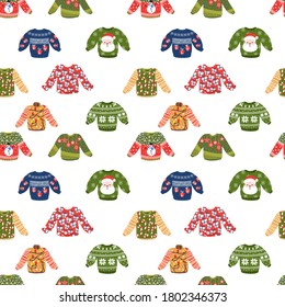 Seamless pattern with funny ugly sweaters for Christmas party. Vector illustration.