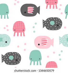 Seamless pattern with funny underwater characters. Kids summer print. Vector hand drawn illustration.