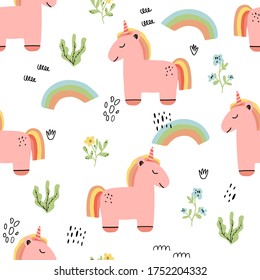 Patrón sin foco con unicornio divertido, puntos Doodle, guiones. Dibujo infantil de chicas. Ilustración vectorial de tejidos y decoración para bebés.