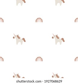 Seamless pattern with funny unicorn, Doodle dots, dashes. Childish girlish drawing. Cute vector illustration for baby textiles and decor.
