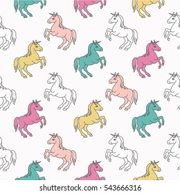 Seamless pattern with funny unicorns in cartoon. Baby background.