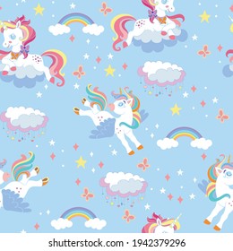 Seamless pattern with funny unicorns and rainbows on blue background. Vector illustration for party, print, baby shower, wallpaper, design, decor, linen, dishes, bed linen and kids apparel