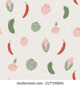 Seamless pattern with funny vegetable characters lettuce, chilly, potato, corn, cucumber and onion.