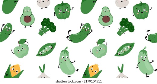 Seamless pattern with funny vegetables. Cute cartoon vegetable characters  