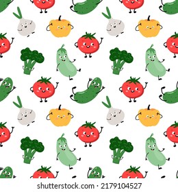 Seamless pattern with funny vegetables. Cute cartoon vegetable characters  