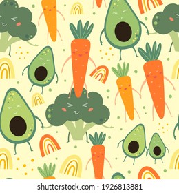 Seamless pattern with funny vegetables. Modern textile, greeting card, poster, wrapping paper designs. Hand-drawn illustration. 