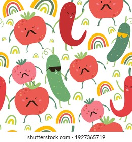 Seamless pattern with funny vegetables. Modern textile, greeting card, poster, wrapping paper designs. Vector illustration. 