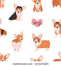 Seamless pattern with funny welsh corgi on white background. Backdrop with small adorable purebred dog, doggy, funny pet or domestic animal. Colorful vector illustration in flat cartoon style.