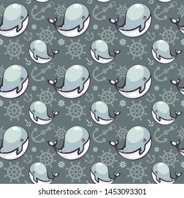 Seamless pattern with funny whale, anchor and helm. Sea vector illustration. Template for textile and wrapping.