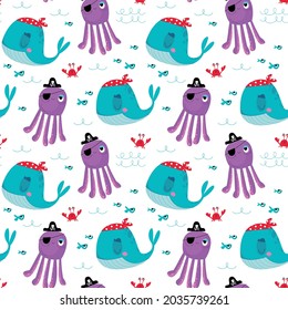 Seamless pattern with funny whales and octopuses on a white background. Vector pirate illustration in minimalistic flat style, hand-drawn. Print for textiles, print design, postcards.