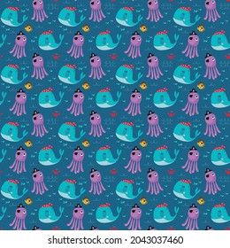 Seamless pattern with funny whales and octopuses on a blue background. Vector illustration of a pirate in a minimalistic flat style, hand-drawn. Print for textiles, print design, postcards